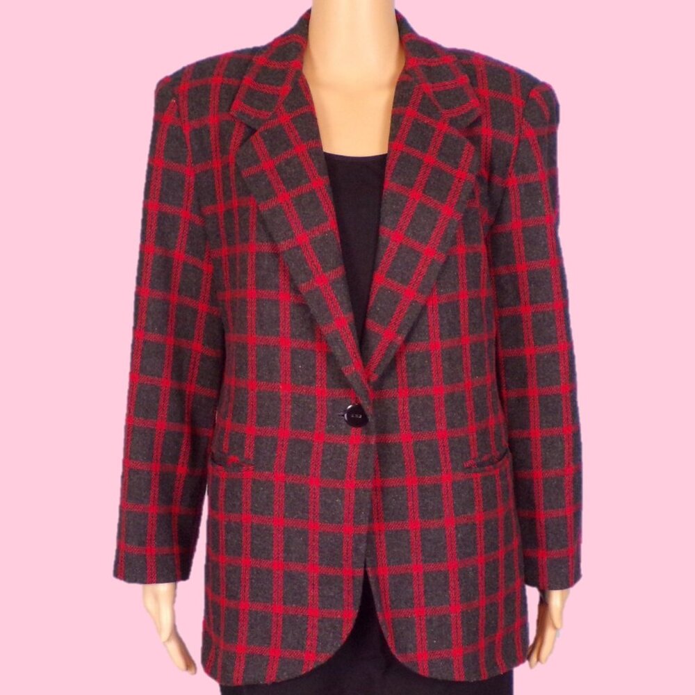 CROSS COUNTRY FASHIONS size 12P black/red plaid blazer acrylic/wool/polyester